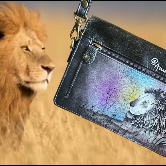 Anuschka Black Leather Crossbody with Lion Design